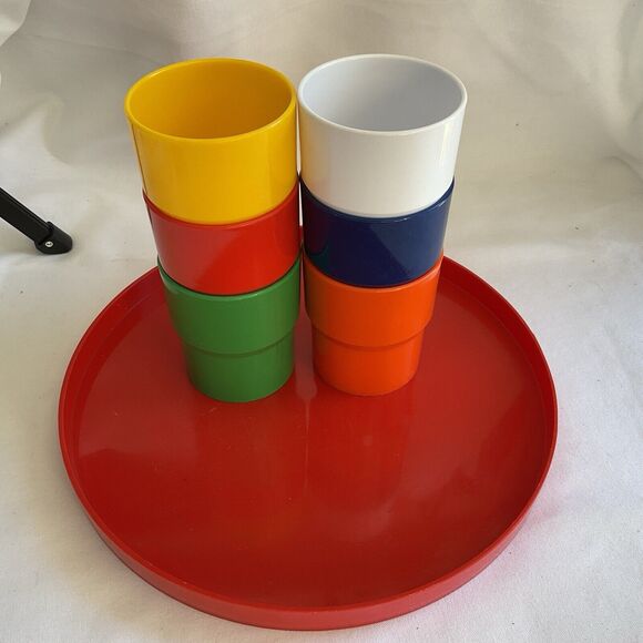 Vtg Ingrid  Red Tray And Cups MCM Retro - Picture 2 of 4